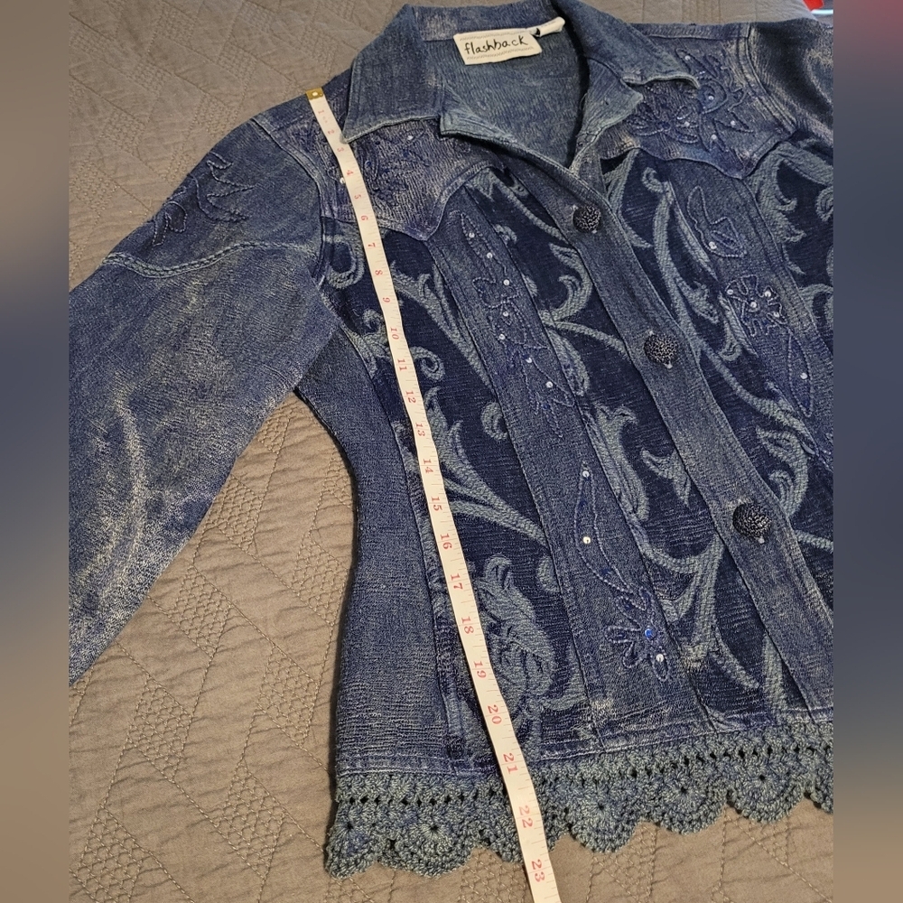 Vintage Flashback Couture Stylish Metallic Blue Embroidered Jacket Boho Medium - Picture 8 of 9